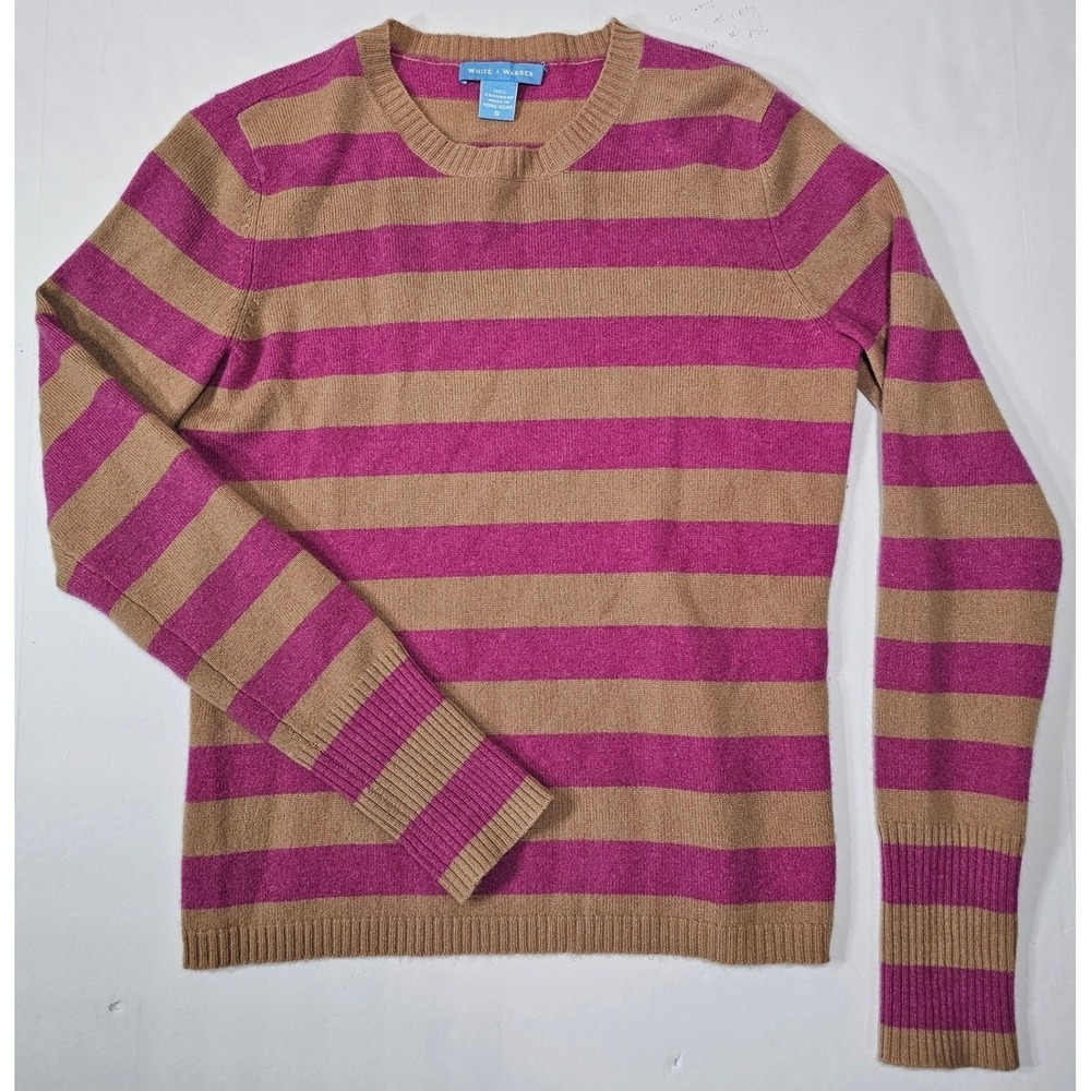 White + Warren Womens Cashmere Striped Crewneck Sweater Pink Brown Small